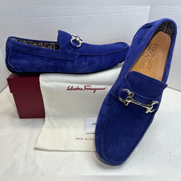 SALVATORE FERRAGAMO DRIVER LOAFER GANCINI ORNAMENT BLUE SUEDE SZ 9.5 E - NEW! - Picture 5 of 16